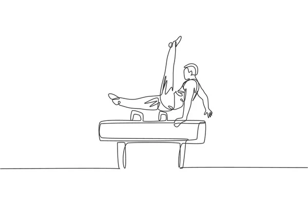 一张年轻英俊体操运动员练习鞍马矢量的单行画图 健康的生活方式和运动理念 现代连续线条绘图设计 — 图库矢量图片
