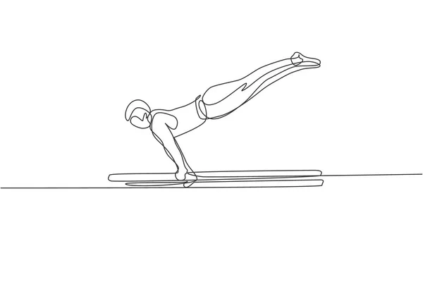 Enda Linje Ritning Unga Stilig Gymnast Man Utövar Parallella Barer — Stock vektor