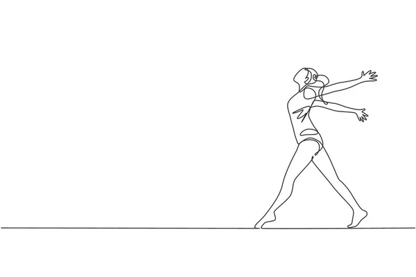 Eine Einzige Linienzeichnung Der Jungen Schönheit Turnerin Mädchen Übung Boden — Stockvektor