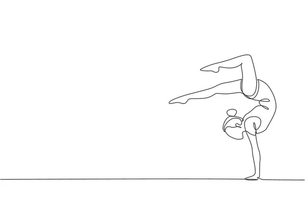 Одна Линия Рисунка Юной Гимнастки Гимнастки Физкультуры Полу Художественной Гимнастики — стоковый вектор