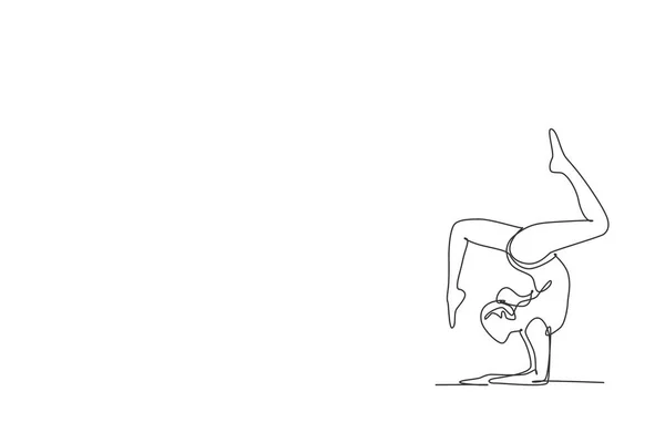 一个连续线条画的节奏动作年轻的美式体操女运动员 在狮子座的地板上锻炼 健康积极的体育舞蹈概念 动态单行绘图设计矢量说明 — 图库矢量图片