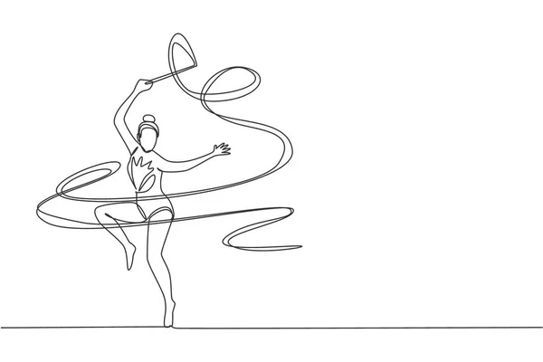 一个年轻芭蕾舞演员的连续线条画在运动中 莱奥达有带带的节奏体操运动员 健康的运动和积极的舞蹈理念 动态单行绘图设计矢量说明 — 图库矢量图片
