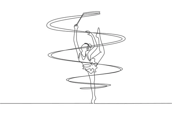 Una Línea Continua Dibujo Joven Bailarina Movimiento Gimnasta Rítmica Maillot — Archivo Imágenes Vectoriales