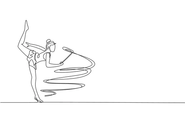 Единая Сплошная Линия Рисунка Юной Профессиональной Гимнастки Красоты Исполняет Танец — стоковый вектор