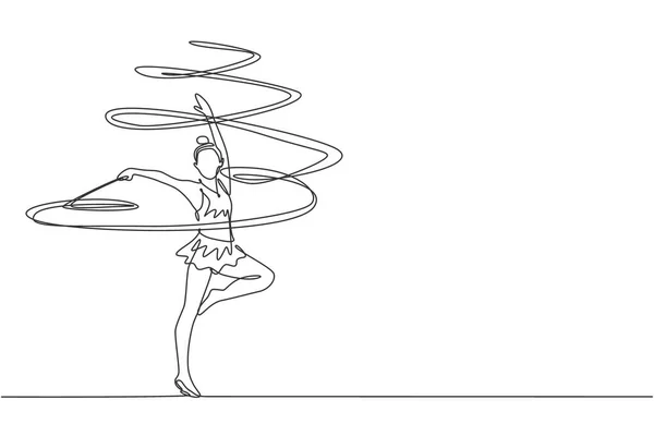 Dessin Unique Ligne Continue Jeune Fille Gymnaste Professionnel Beauté Effectuer — Image vectorielle