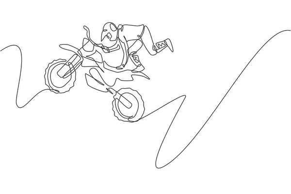 Dibujo Línea Continua Del Joven Motocross Rider Acrobático Saltando Aire — Vector de stock