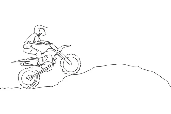 Dessin Ligne Continue Jeune Motocross Monter Monticule Terre Sur Piste — Image vectorielle