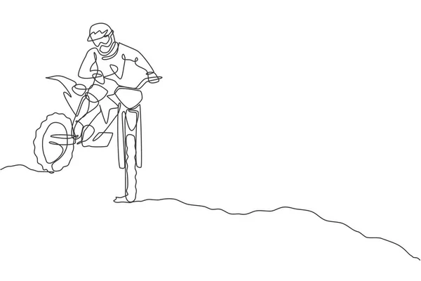 Jednoduchá Souvislá Kresba Mladého Motokrosového Jezdce Kopce Plné Rychlosti Extrémní — Stockový vektor