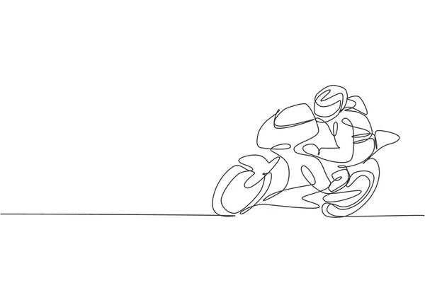 Eine Durchgehende Linienzeichnung Von Jungen Motorradfahrern Die Auf Der Rennstrecke — Stockvektor