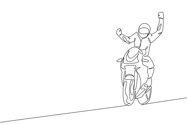 若い元バイカーの1本の線画は 手のベクトルイラストを上げることで勝利を祝う スーパーバイクレースのコンセプト モーターレーサーイベントバナーのための現代的な連続線描画デザイン — ストックベクタ