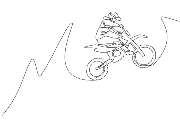 Dibujo Línea Continua Joven Motocross Saltando Vuela Alto Aire Concepto — Archivo Imágenes Vectoriales