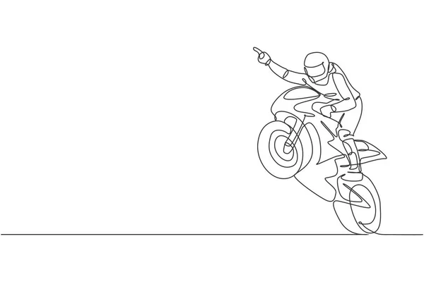 Dessin Ligne Continue Jeune Coureur Moto Célébrer Victoire Avec Lever — Image vectorielle