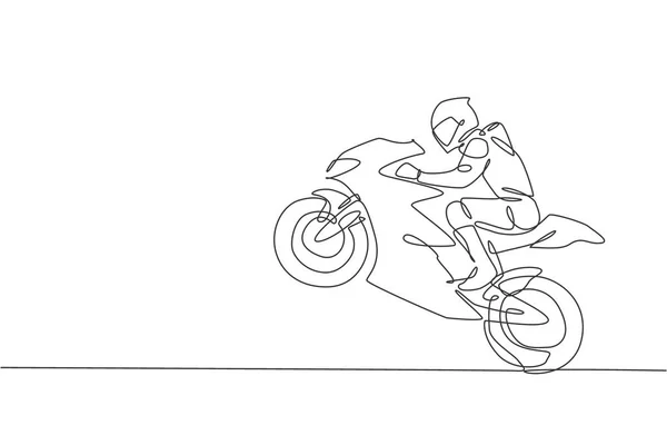 若い元レーサーの一本の線画は ベクトルイラストを受賞を祝うために彼のオートバイをジャンプします スーパーバイクレースのコンセプト モーターレーサーイベントバナーのための現代的な連続線描画デザイン — ストックベクタ