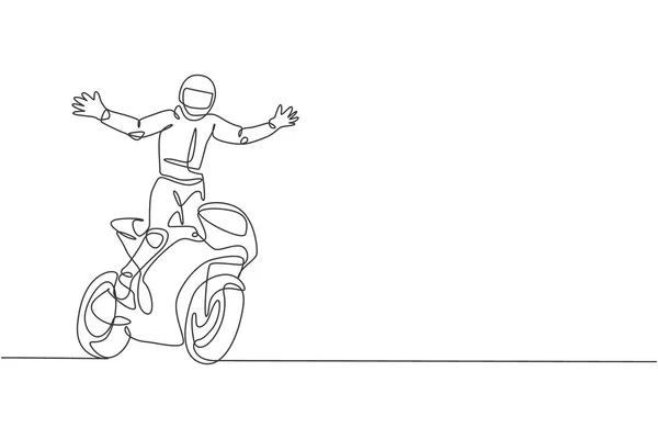 Μια Γραμμή Σχέδιο Του Νεαρού Μηχανόβιου Moto Ανοίξει Χέρια Του — Διανυσματικό Αρχείο