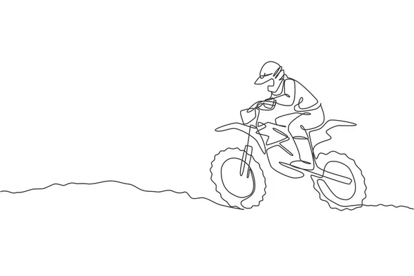 Una Sola Línea Dibujo Del Jinete Motocross Joven Conquistar Obstáculos — Archivo Imágenes Vectoriales