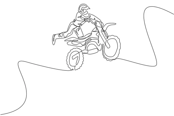 Een Enkele Lijn Tekening Van Jonge Motorcross Rider Vliegen Freestyle — Stockvector