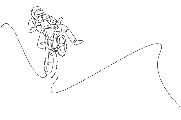 Dessin Ligne Continu Jeunes Cavaliers Motocross Sautant Volent Acrobatique Sur — Image vectorielle