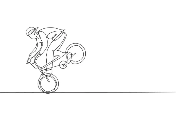 Seul Dessin Ligne Continu Jeune Cycliste Bmx Montre Une Astuce — Image vectorielle