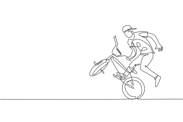 One single line drawing of young bmx bicycle rider performing freestyle trick on street vector illustration. Extreme sport concept. Modern continuous line draw design for freestyle competition banner