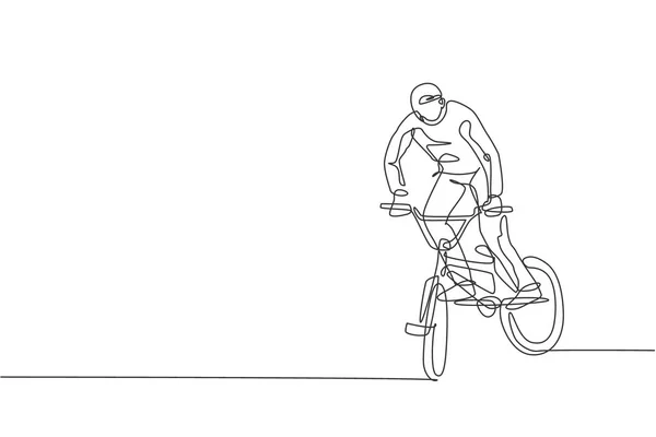 Una Línea Continua Dibujo Joven Ciclista Bmx Realizando Peligrosos Trucos — Archivo Imágenes Vectoriales