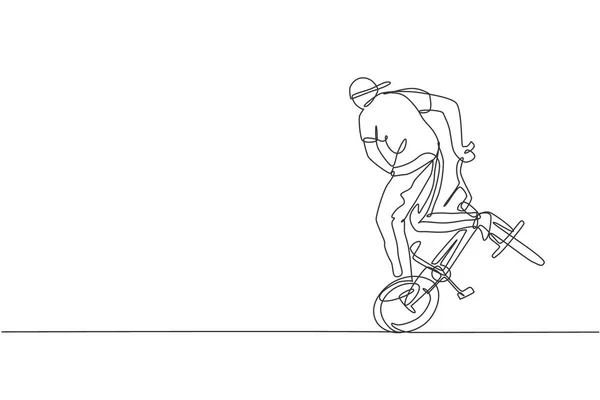 Jeden Rysunek Młodego Rowerzysty Bmx Wykonującego Sztuczkę Freestyle Ilustracji Wektora — Wektor stockowy