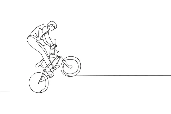 Dibujo Una Sola Línea Joven Ciclista Bmx Realizar Truco Estilo — Archivo Imágenes Vectoriales