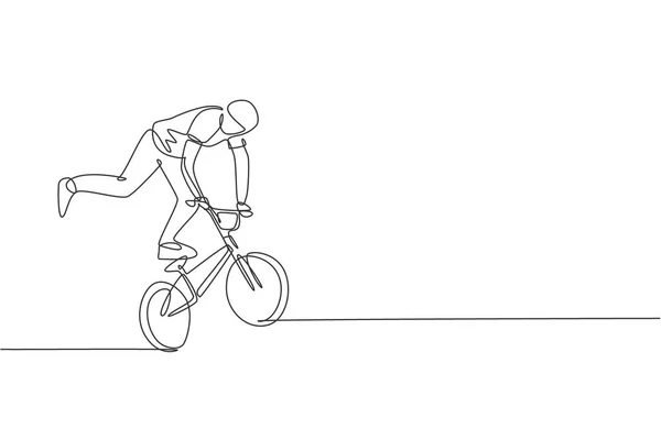 One single line drawing of young bmx bicycle rider performing freestyle trick on street vector illustration. Extreme sport concept. Modern continuous line draw design for freestyle competition banner