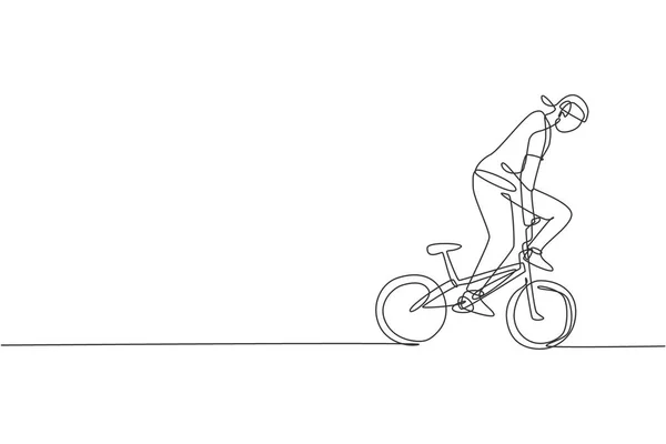 Dibujo Una Sola Línea Joven Ciclista Bmx Realizar Truco Estilo — Archivo Imágenes Vectoriales