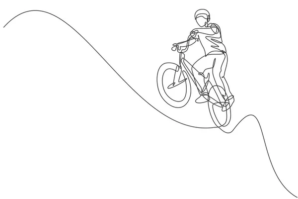 Eine Durchgehende Linienziehung Des Jungen Bmx Radrennfahrers Zeigt Das Fliegen — Stockvektor