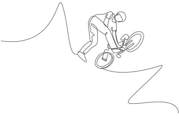 Una Sola Línea Dibujo Del Joven Ciclista Bmx Hacer Volar — Vector de stock