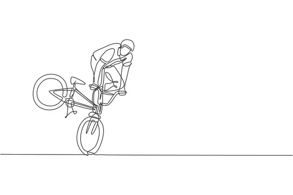 Dessin Ligne Continu Jeune Cycliste Bmx Effectuant Tour Dangereux Skatepark — Image vectorielle