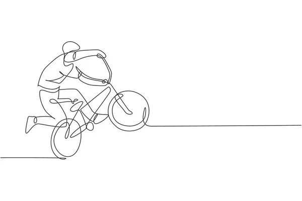 Μια Ενιαία Γραμμή Σχέδιο Των Νέων Αναβάτη Ποδήλατο Bmx Εκτελεί — Διανυσματικό Αρχείο