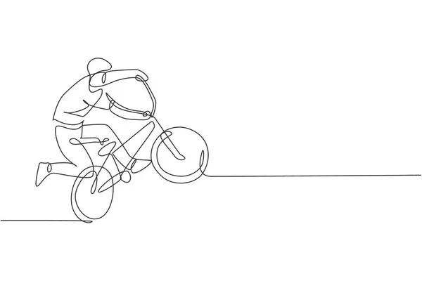 Dibujo Una Sola Línea Joven Ciclista Bmx Realizar Truco Estilo — Archivo Imágenes Vectoriales