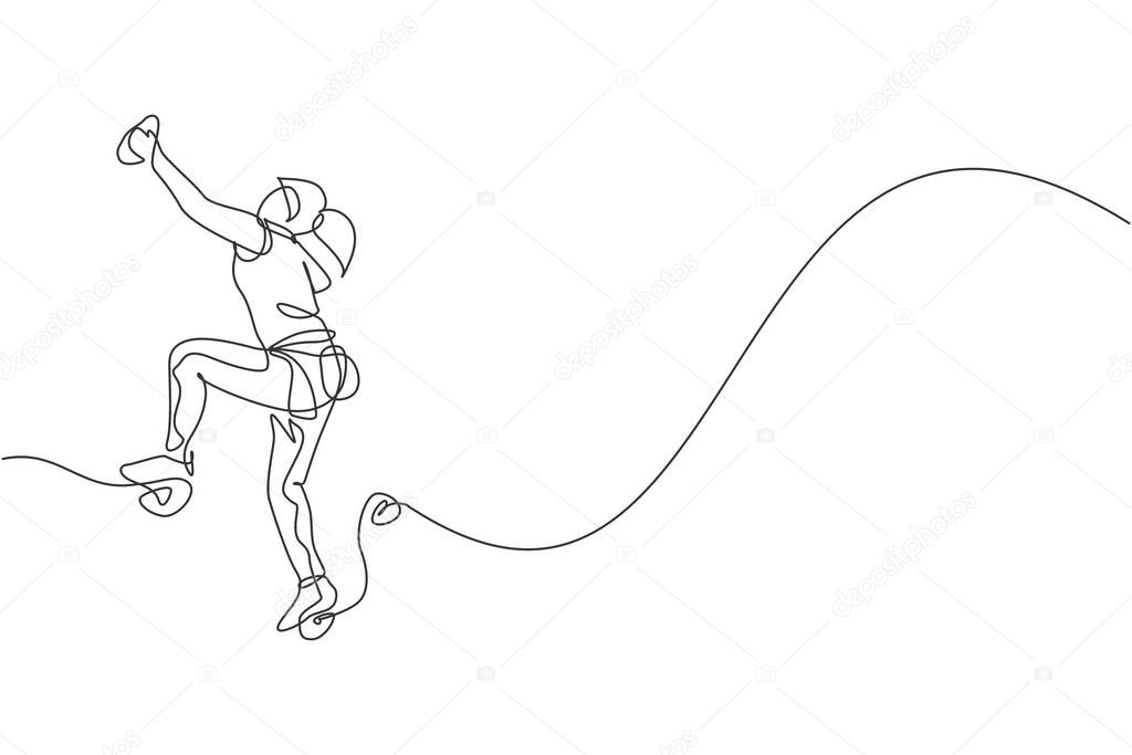 Single continuous line drawing of young muscular climber woman climbing hanging on mountain grip. Outdoor active lifestyle and rock climbing concept. Trendy one line draw design vector illustration