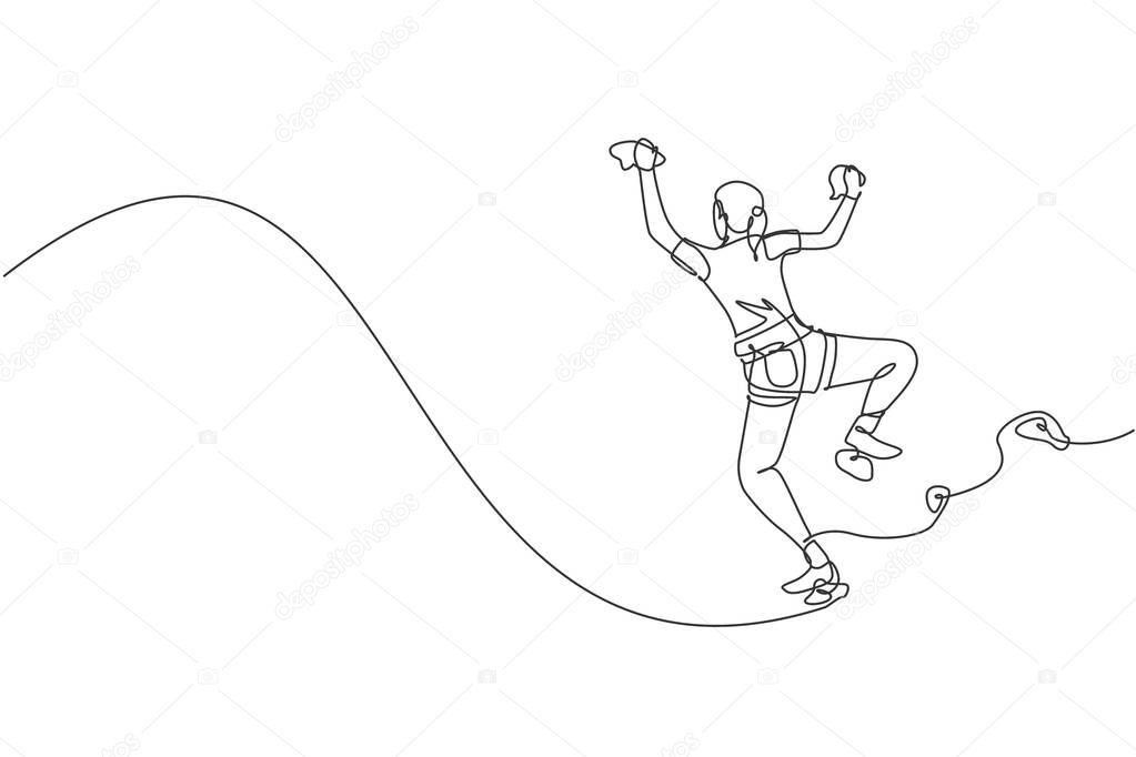 One continuous line drawing of young bravery climber woman practice overhanging wall climbing with safety rope. Dangerous extreme sport concept. Dynamic single line draw design vector illustration