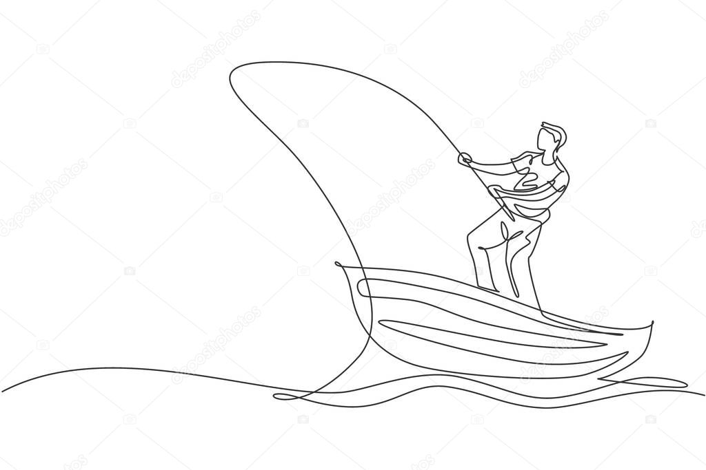 One continuous line drawing of young fisherman happy standing and fishing on the lake from the wooden boat. Fishing leisure hobby vacation concept. Dynamic single line draw design vector illustratio