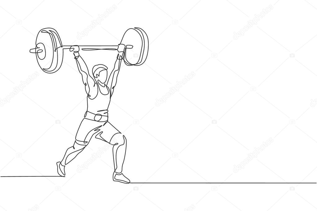 One continuous line drawing of young bodybuilder man doing exercise with a heavy weight bar in gym. Powerlifter train weightlifting concept. Dynamic single line draw design vector illustration graphic