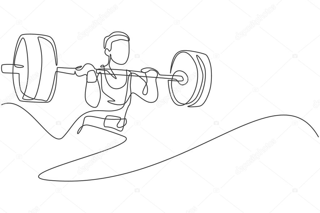 One single line drawing of fit young athlete muscular man lifting barbells working out at a gym vector illustration. Weightlifter preparing for training concept. Modern continuous line draw design