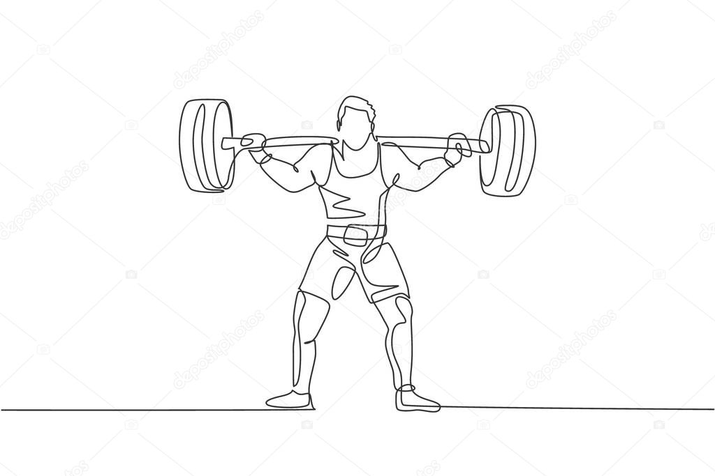 Single continuous line drawing of young strong weightlifter man preparing for barbell workout in gym. Weight lifting training concept. Trendy one line draw design graphic vector illustration