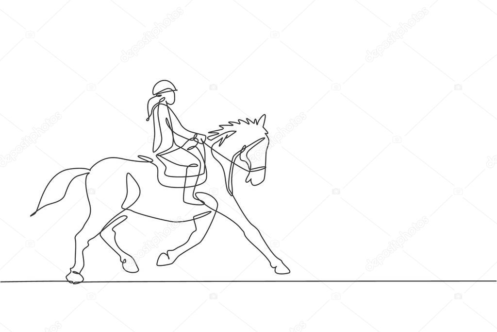 One continuous line drawing of young horse rider woman in action. Equine run training at racing track. Equestrian sport competition concept. Dynamic single line draw design graphic vector illustration