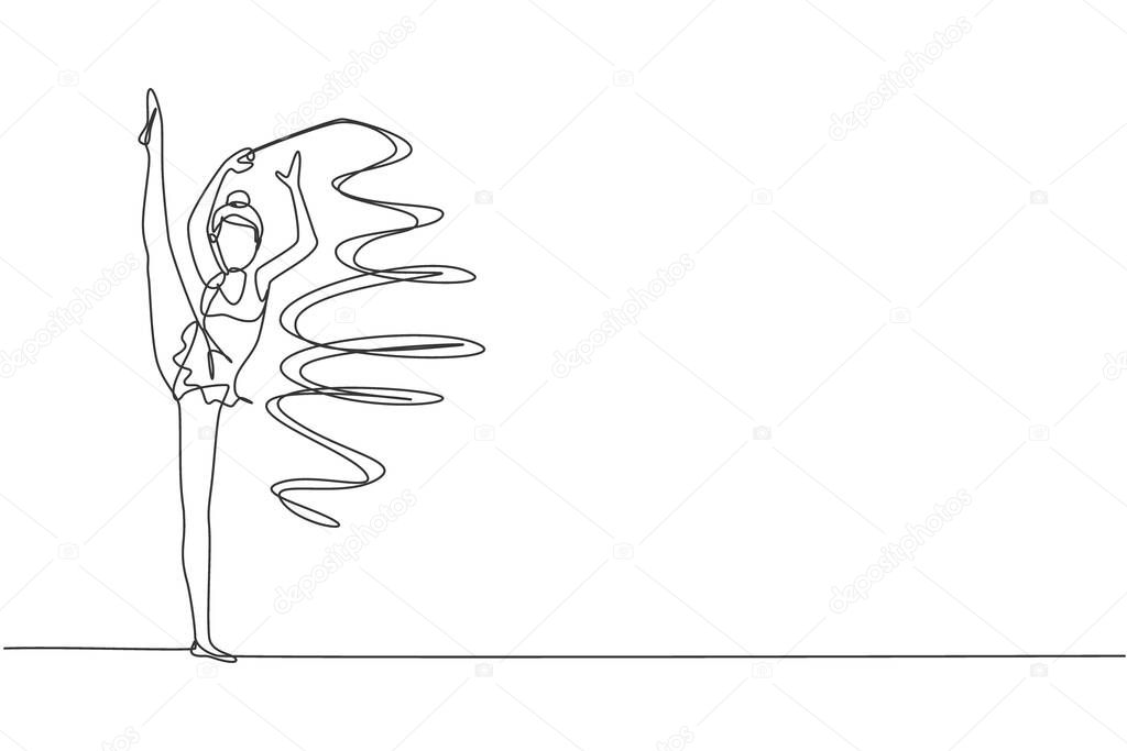 Single continuous line drawing of young beauty professional gymnast girl perform dance with ribbon. Rhythmic gymnastic training and stretching concept. Trendy one line draw design vector illustration