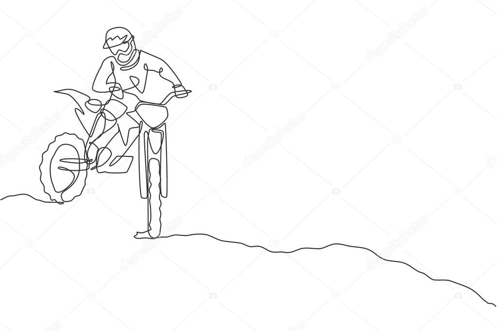 Single continuous line drawing of young motocross rider down the hill at full speed. Extreme sport race concept art vector illustration. Trendy one line draw design for motocross event promotion media