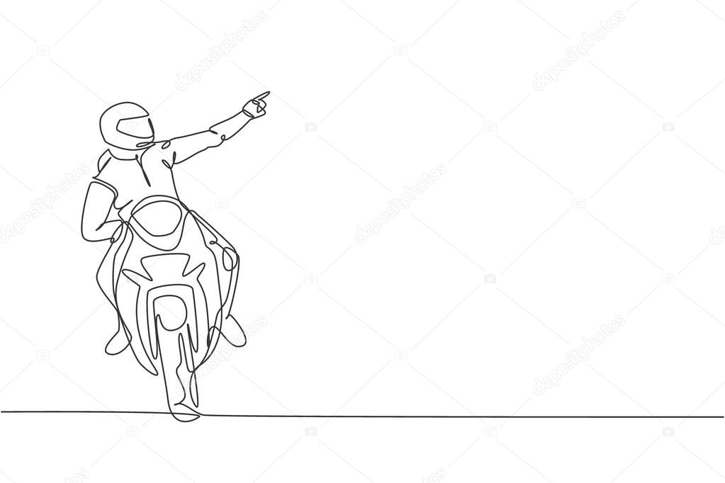 Single continuous line drawing of young superbike racer pointing finger to the spectators. Moto tournament concept. Trendy one line draw design vector illustration for motorbike race promotion media