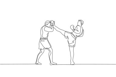 Yerel turnuva için boks sahasında genç sporcu kickboksörlerin tek çizgi çizimi. Dövüş müsabakası kickboks sporu konsepti. Bir satır çizimi tasarım vektörü illüstrasyonu