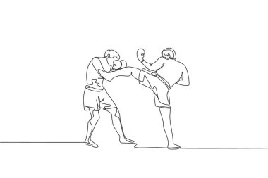 Yerel şampiyonluk unvanı için spor sahasında genç sporcu kickboksörlerin tek çizgi çizimi. Dövüş müsabakası kickboks sporu kavramı. Bir çizgi çizimi tasarım vektörü illüstrasyonu