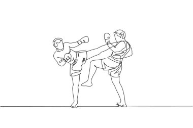 İki genç sporcunun sürekli çizdiği çizgi, kickboksör sporcu sporcu spor salonunda boks antrenmanı. Kavgacı kickboks sporu konsepti. Dinamik tek çizgi çizimi tasarım vektörü illüstrasyonu