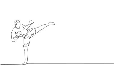 Genç sporcu kickboksör sporcunun spor salonunda güçlü tekme duruşunu sürekli çizdiği bir çizgi. Kavgacı kickboks sporu konsepti. Dinamik tek çizgi çizimi tasarım vektörü illüstrasyonu