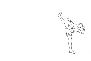Spor salonunda genç sporcu kickboksörlerin tek çizgi çizimi yüksek tekme egzersizi. Dövüş müsabakası kickboks sporu kavramı. Bir satır grafiksel tasarım vektörü çizimi
