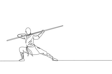 Genç ve enerjik bir şaolin keşişi çizimi Tapınak vektör ilüstrasyonunda sopayla kung fu dövüşü yapıyor. Antik Çin dövüş sporları konsepti. Devamlı çizgi çizimi tasarımı
