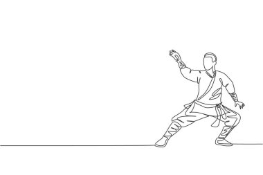 Şaolin tapınağında dövüş sanatlarını eğiten genç, kaslı, şaolin keşişi çiziyor. Geleneksel Çin Kung Fu dövüş konsepti. Bir satır tasarım grafik vektör illüstrasyonu